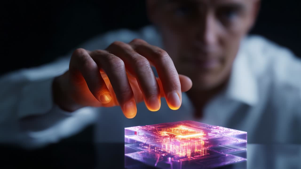 A focused individual interacts with a glowing, transparent chip-like structure, showcasing advanced technology and innovation, symbolizing the intersection of human ingenuity and electronic advancement