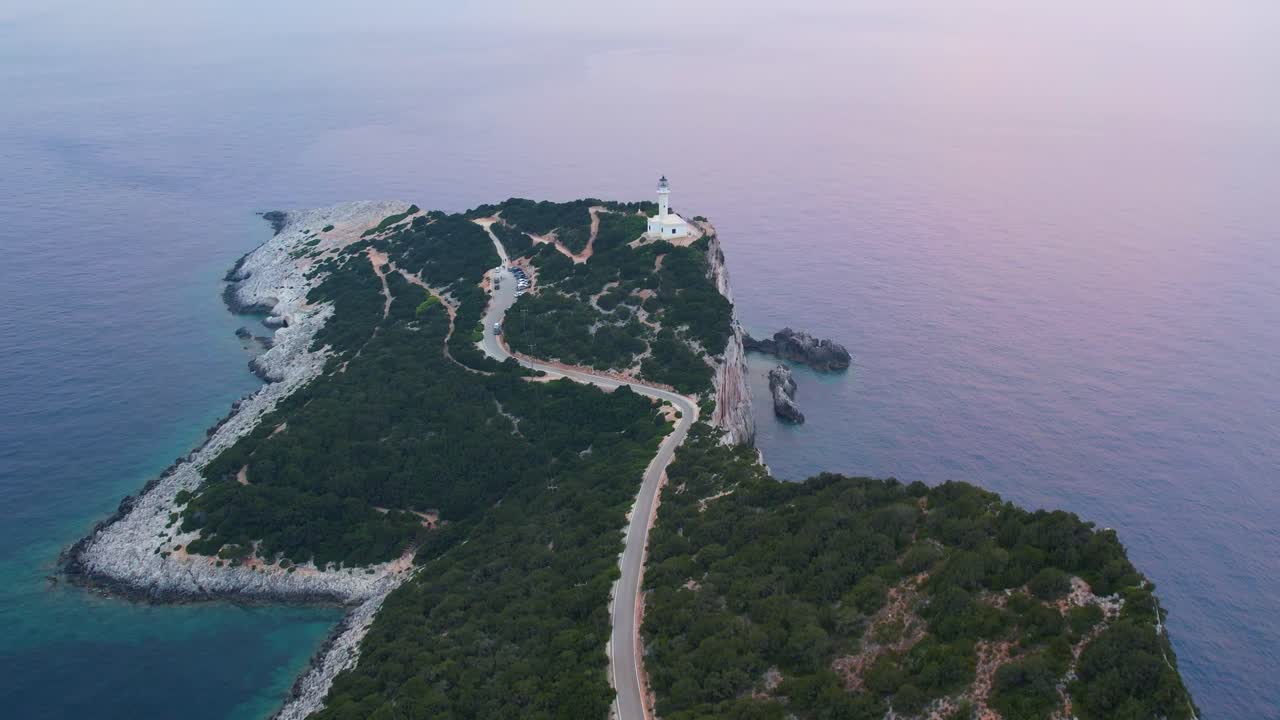 Aerial Overhead View Of Road Leading To Douk&aacute;to Lighthouse On Lefkada Island Surrounded By Calm Sea Waters