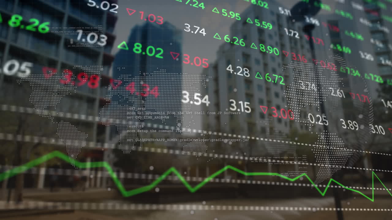 animación del procesamiento de datos del mercado de valores sobre el mapa del mundo y el globo giratorio contra edificios altos