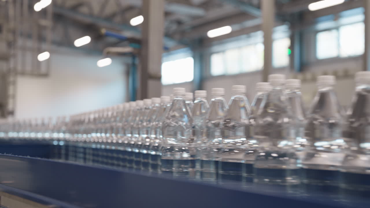Unlabeled Bottled Water On The Production Line Moving Along A Conveyor System In The Factory. - closeup shot