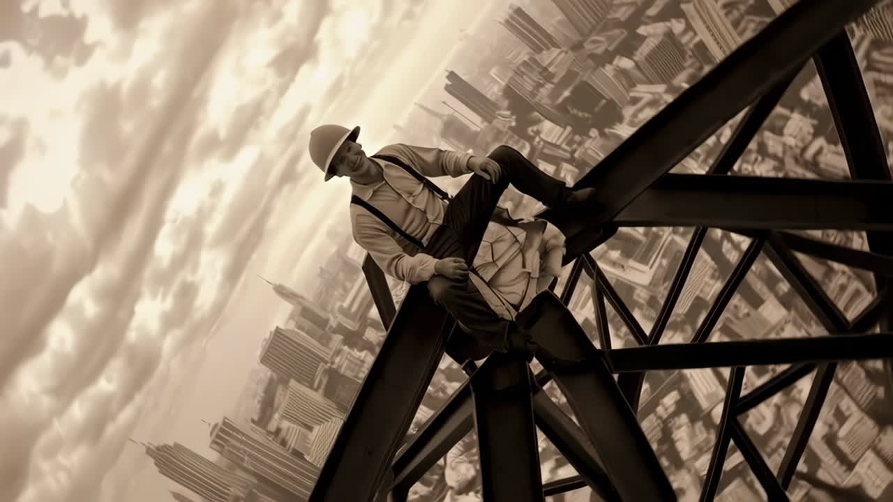 초고층 건물 의 강철  에 있는 건설 노동자 (레트로 스타일)