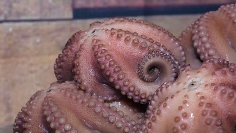 close up hot boiled cooked octopus freshly  round in wood table selective focus