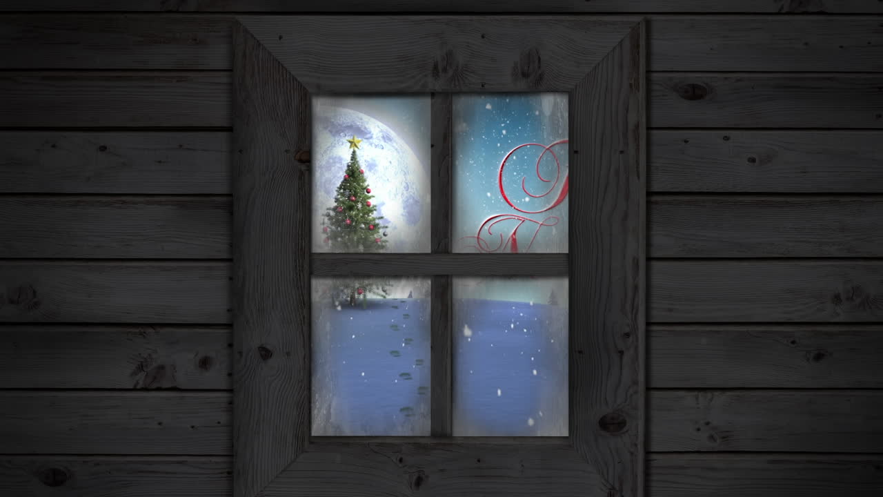 Animation of christmas tree in winter scenery seen through window