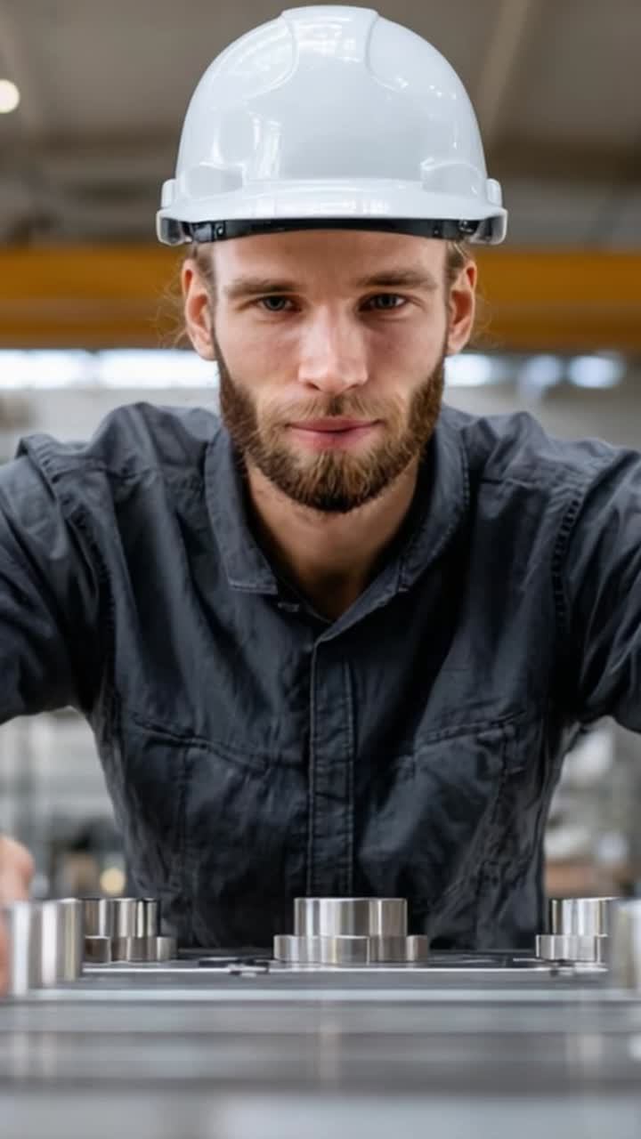 Ingegnere concentrato che analizza componenti metallici con precisione in un moderno ambiente industriale indossando dispositivi di sicurezza per una sicurezza ottimale sul posto di lavoro