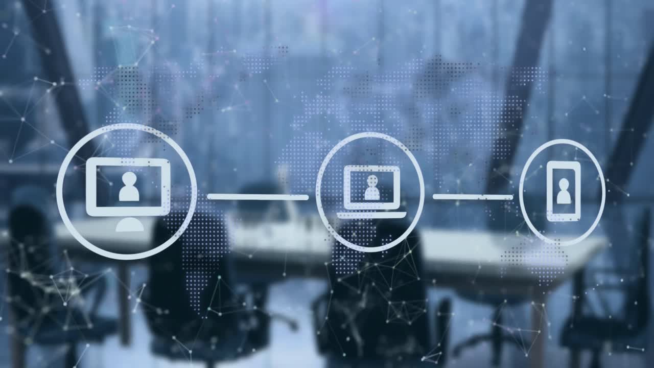 연결된 점과 함께 아이콘의 플로우 차트의 애니메이션 및 사무실에서 비어있는 의자 지도