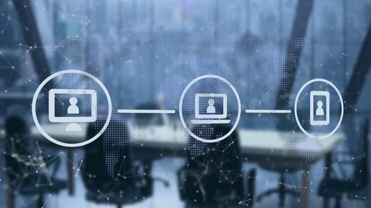 Animation of flowchart of icons with connected dots and map unoccupied chairs in office