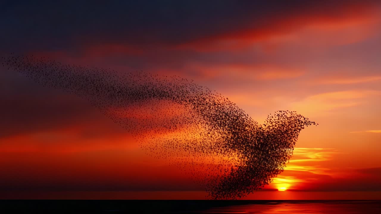 A breathtaking spectacle unfolds as a stunning formation of birds transforms into a magnificent silhouette, gracefully blending with a vibrant sunset on the horizon