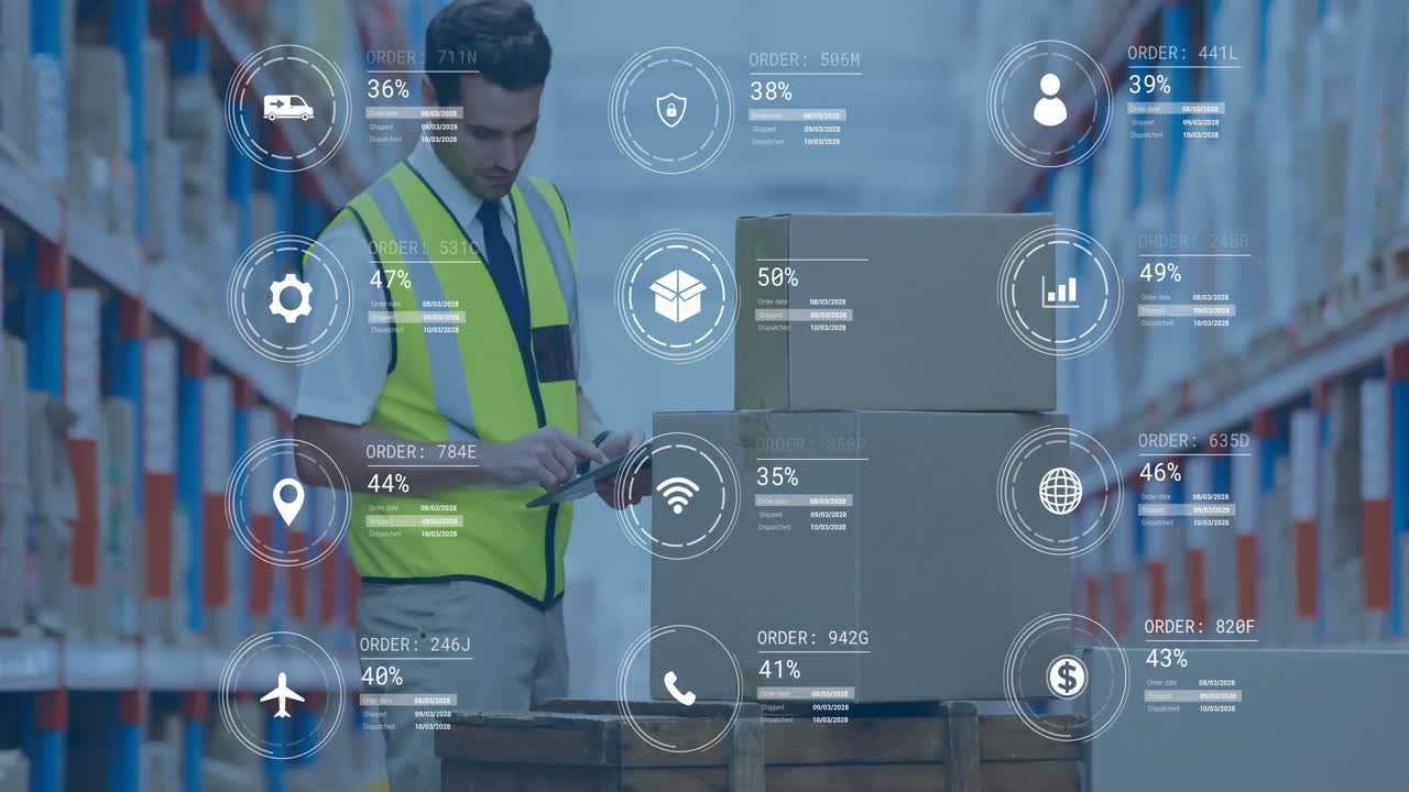 Warehouse worker using tablet with data processing animation overlaid on boxes