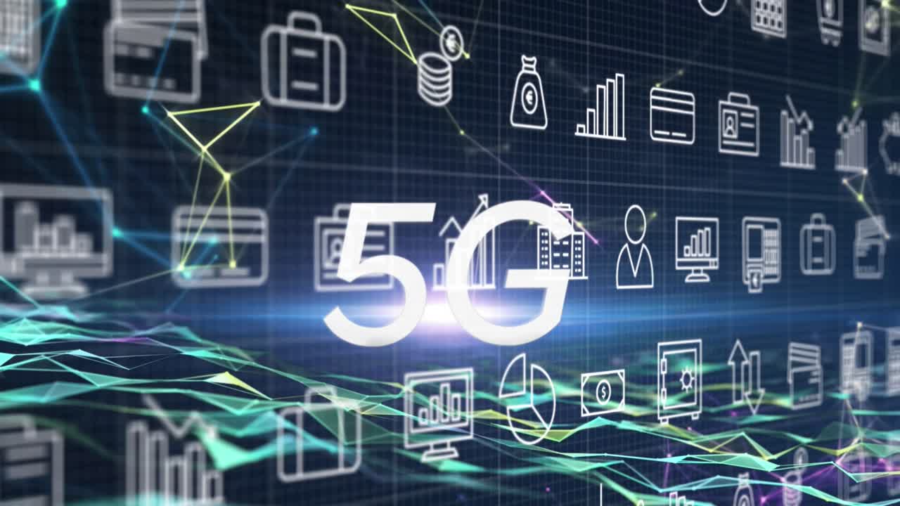 animación de iconos que caen y texto 5g sobre fondo oscuro