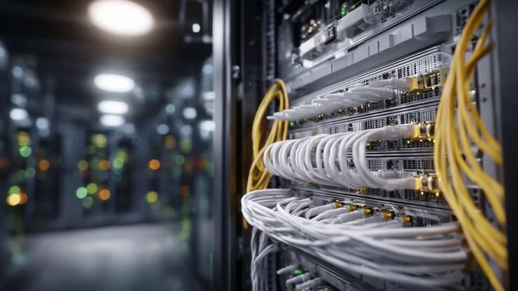 Rack per data center high-tech con cavi e apparecchiature di rete organizzati in una moderna server room caratterizzata da effetti di retroilluminazione colorata