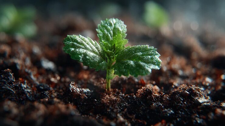 A Glimpse of Growth: The Transformation of a Young Plant Emerging from Rich, Dark Soil, Showcasing Nature's Resilience and the Beauty of New Life in the Garden