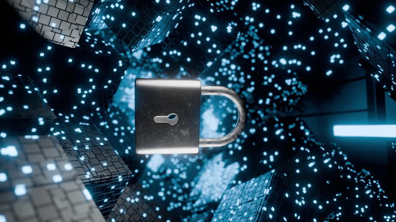 padlock floating among glowing digital cubes and blue data grid blocks. 3D rendering. Cybersecurity and data protection concept. Design for banner, poster, wallpaper, and header. vertical