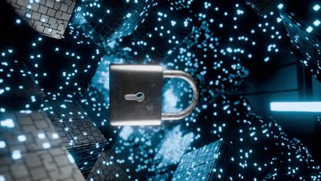 padlock floating among glowing digital cubes and blue data grid blocks. 3d rendering. cybersecurity and data protection concept. design for banner, poster, wallpaper, and header. vertical