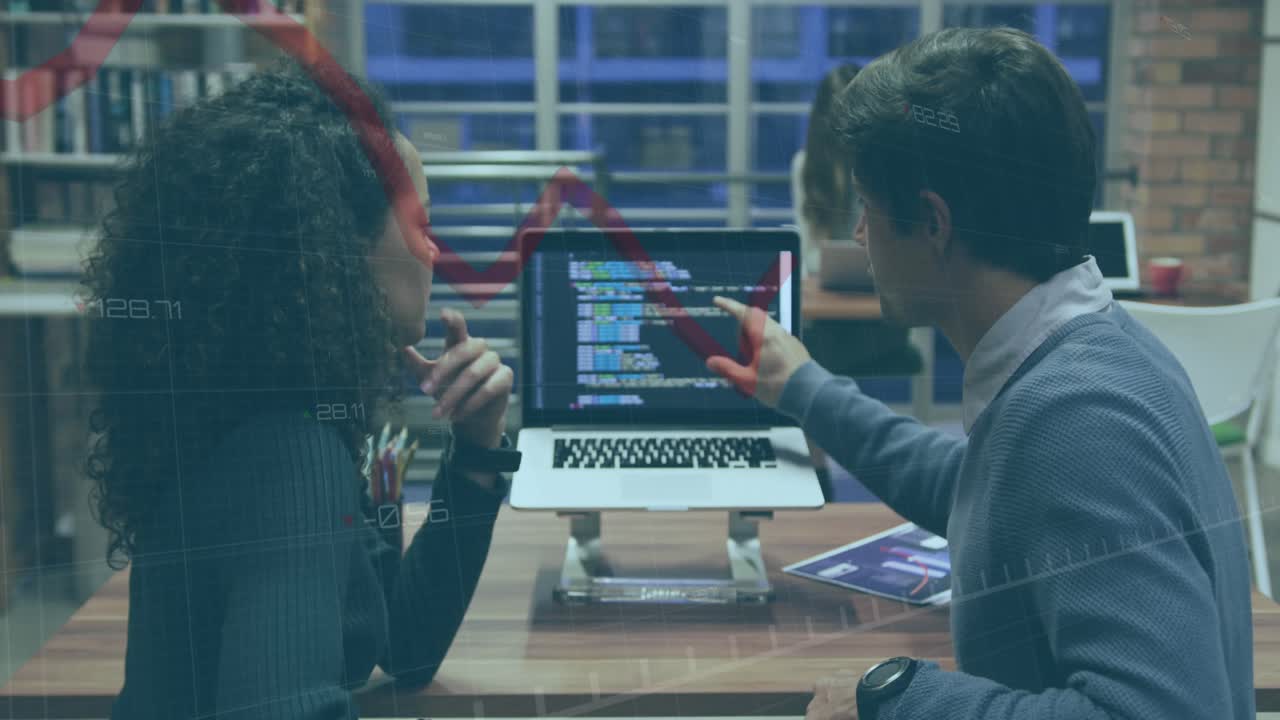Animation of red line and data processing over business people