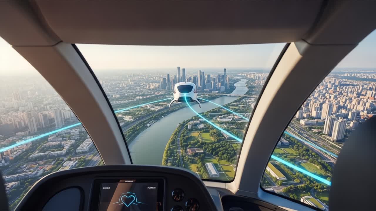 Futuristic Aerial View from a Cutting-edge Aircraft, Showcasing a Dynamic Flight Path through a Lively Urban Landscape with Modern Architecture and Green Spaces