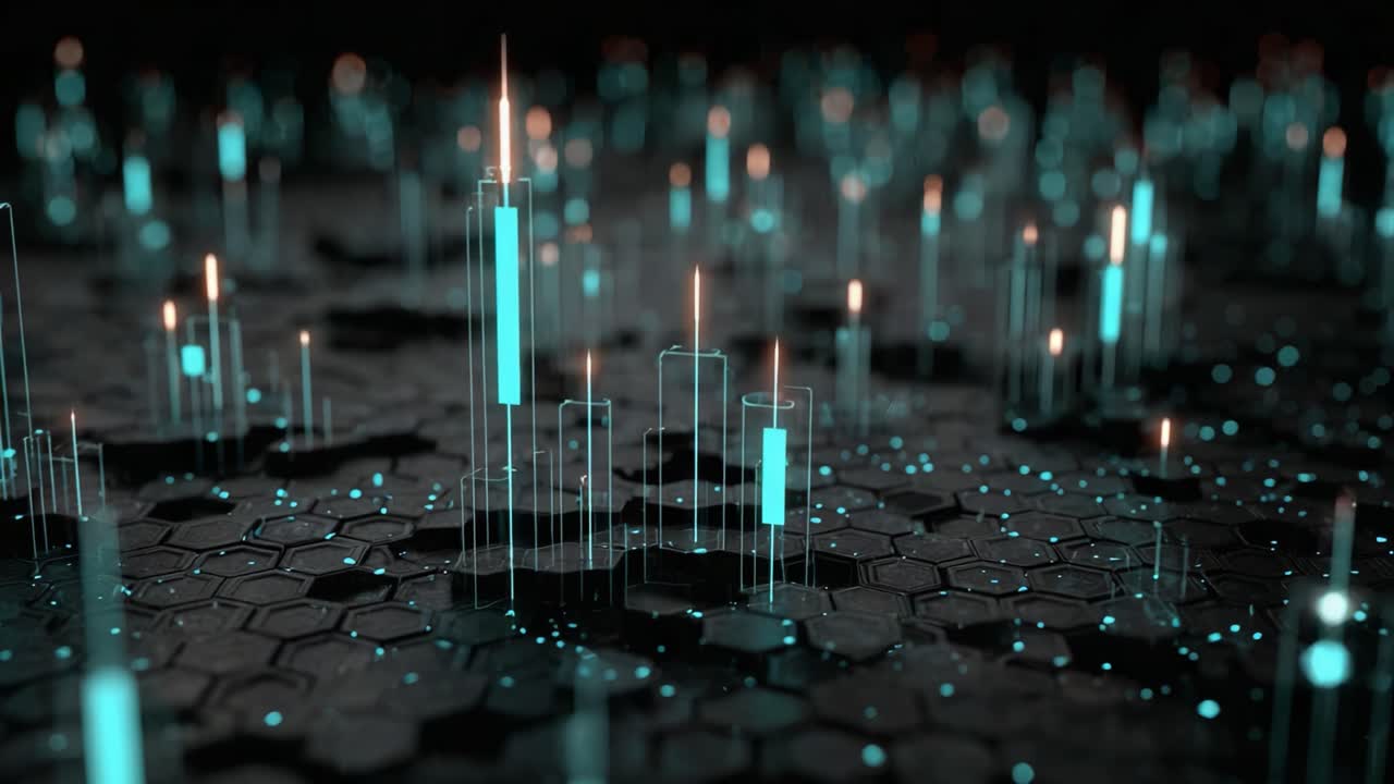 A Stunning Display of Futuristic Technology: Illuminated Structures Emerge from a Dark Hexagonal Surface, Creating a Dynamic, Cybernetic Landscape of Light and Depth