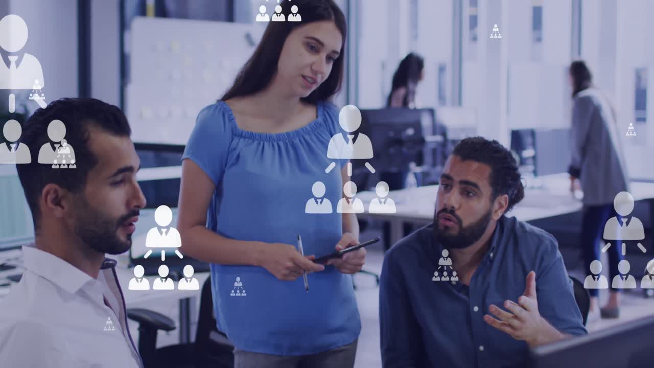 animación de la red de conexiones con iconos sobre diversas personas de negocios en la oficina