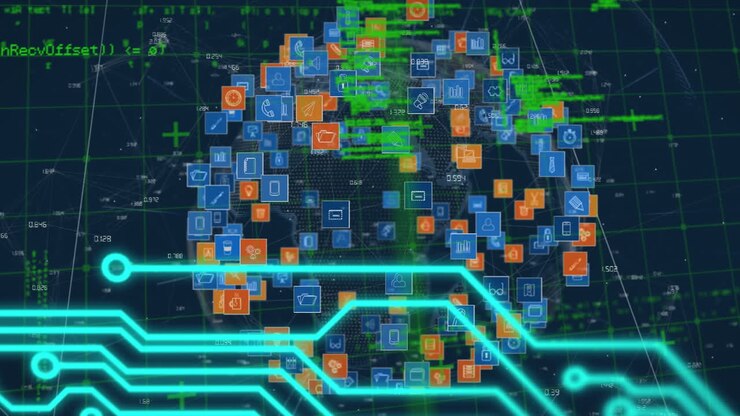 Microprocessor connections over globe of digital icons and data processing on blue background