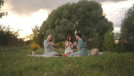 a group of young women concentrates on drawing patterns on clay products with the help of tools in a meadow in nature in a park in an open space. general view camera zoom.