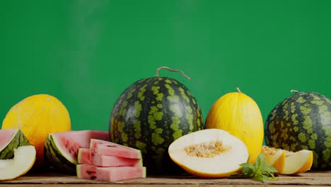 fresh ripe melons and watermelons with cool steam.