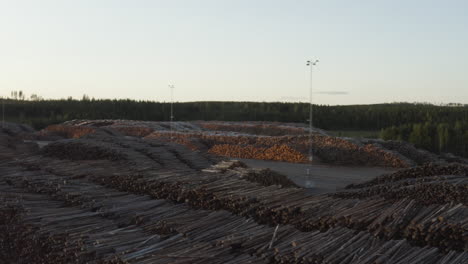 Aerial-view-over-Swedish-raw-pine-timber-logs-stacked-for-export-in-a-timber-yard