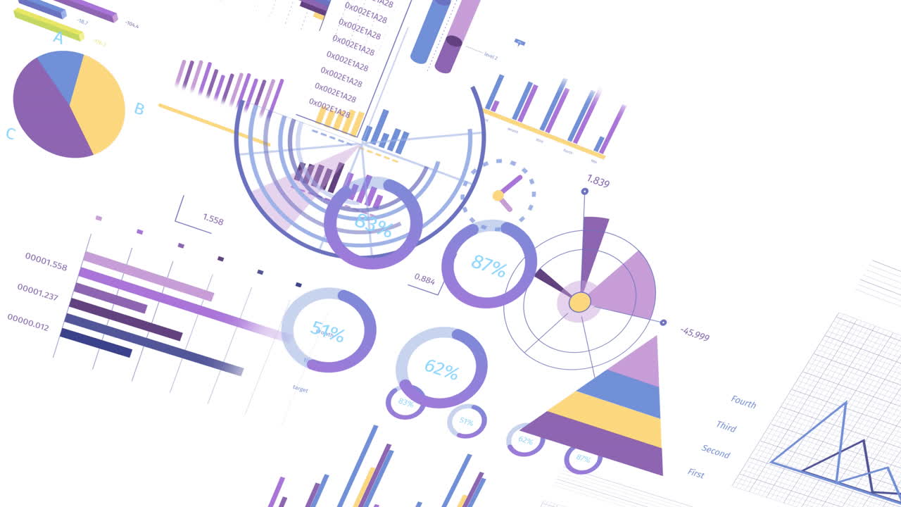 animación de estadísticas y procesamiento de datos financieros sobre fondo blanco