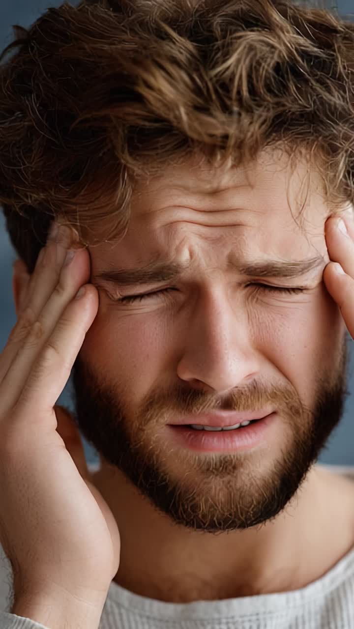 A Troubling Expression: The Struggle of a Young Man Experiencing Intense Discomfort or Pain as He Holds His Head in Frustration and Distress