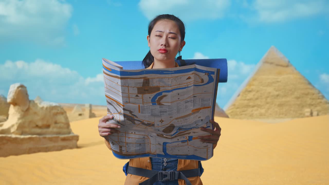 Asian Female Hiker With Mountaineering Backpack Looking At The Map Then Looking Around While Traveling In Pyramid Of Giza