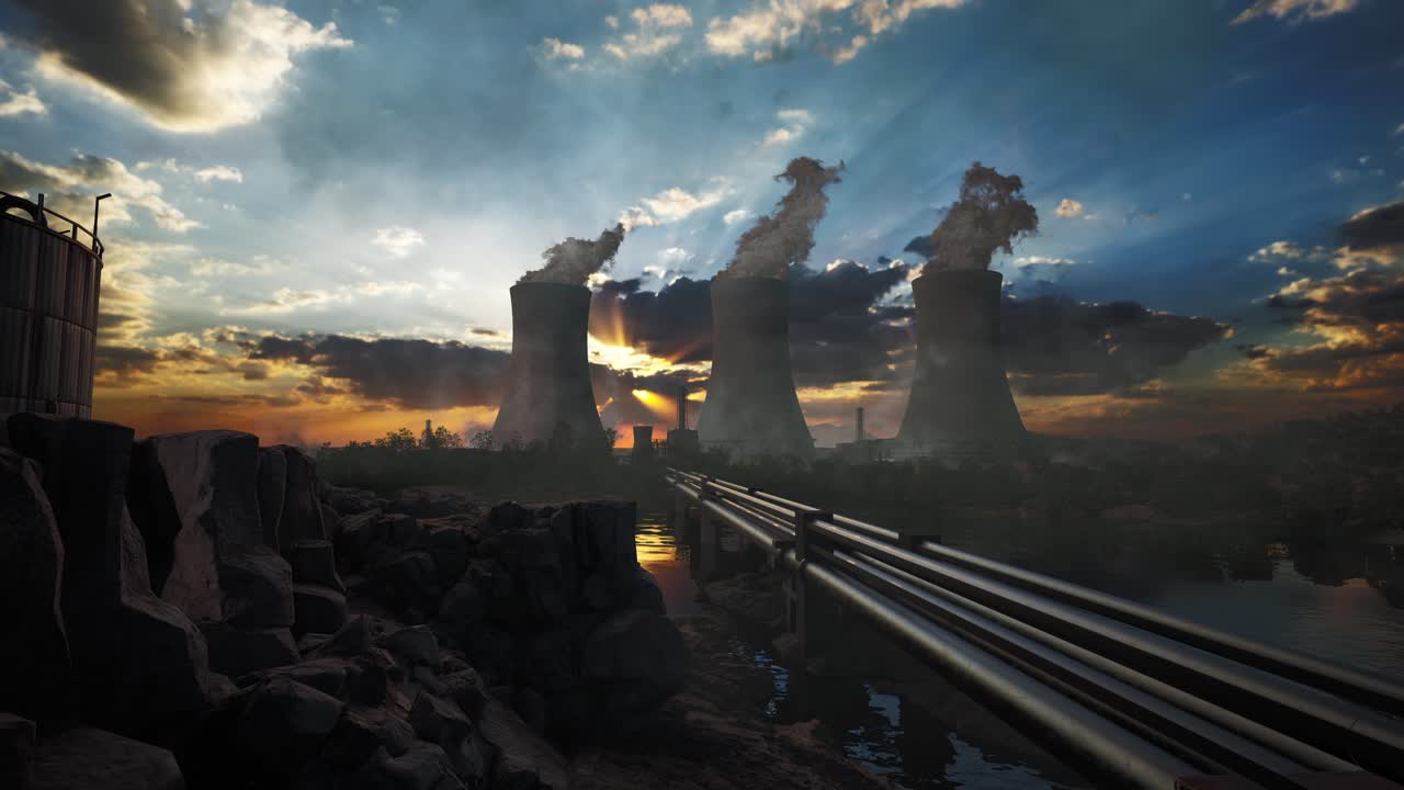 Tube With Steaming Cooling Towers Of Nuclear Power Plant