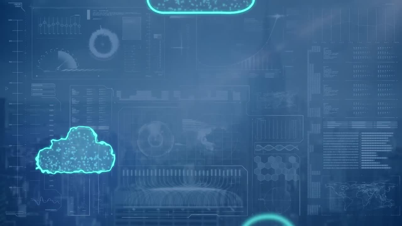 animación de nubes digitales y procesamiento de datos sobre el paisaje urbano.