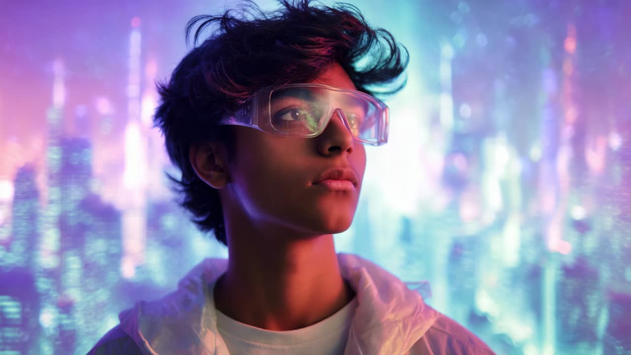 A young individual stands against a vibrant neon cityscape, showcasing futuristic eyewear that reflects the colorful surroundings, exuding a blend of curiosity and confidence in an imaginative setting