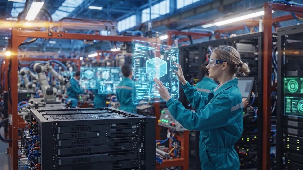 Engineers Working with Holographic Displays in a High-Tech Data Center