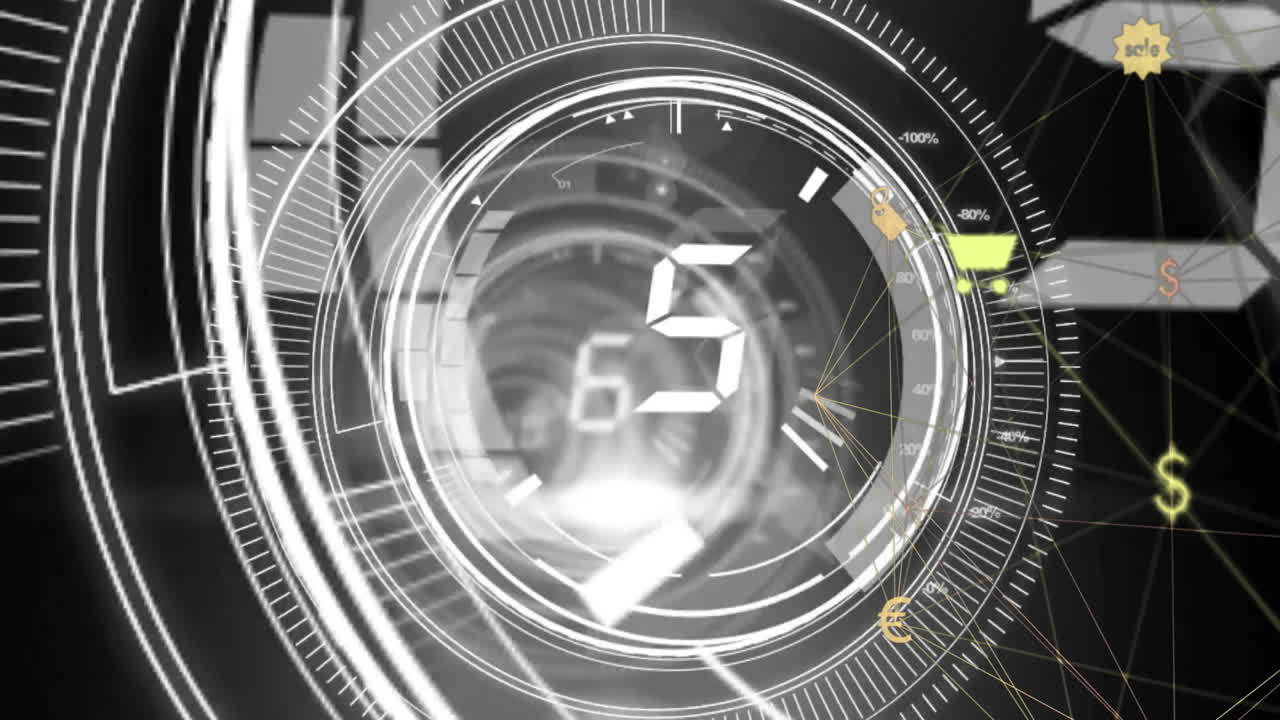 Digital countdown animation over futuristic circular interface with various symbols