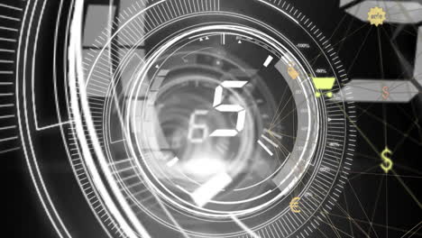 digital countdown animation over futuristic circular interface with various symbols