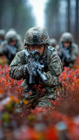 soldiers in tactical formation during training exercise in forest