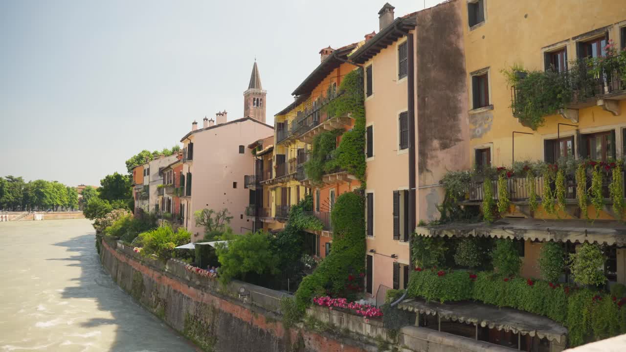Terrazza Bar al Ponte Bar And Restaurant Popular Spot Via Ponte Pietra In Verona, Italy. Static Shot