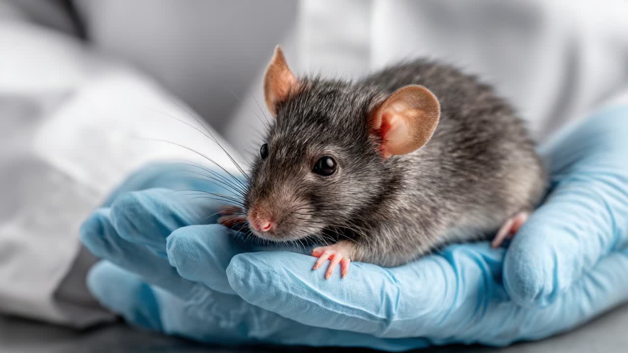 A Close-Up Look at a Small Gray Laboratory Mouse Being Cared for in a Gloved Hand, Showcasing Its Delicate Features and Gentle Handling in a Scientific Environment