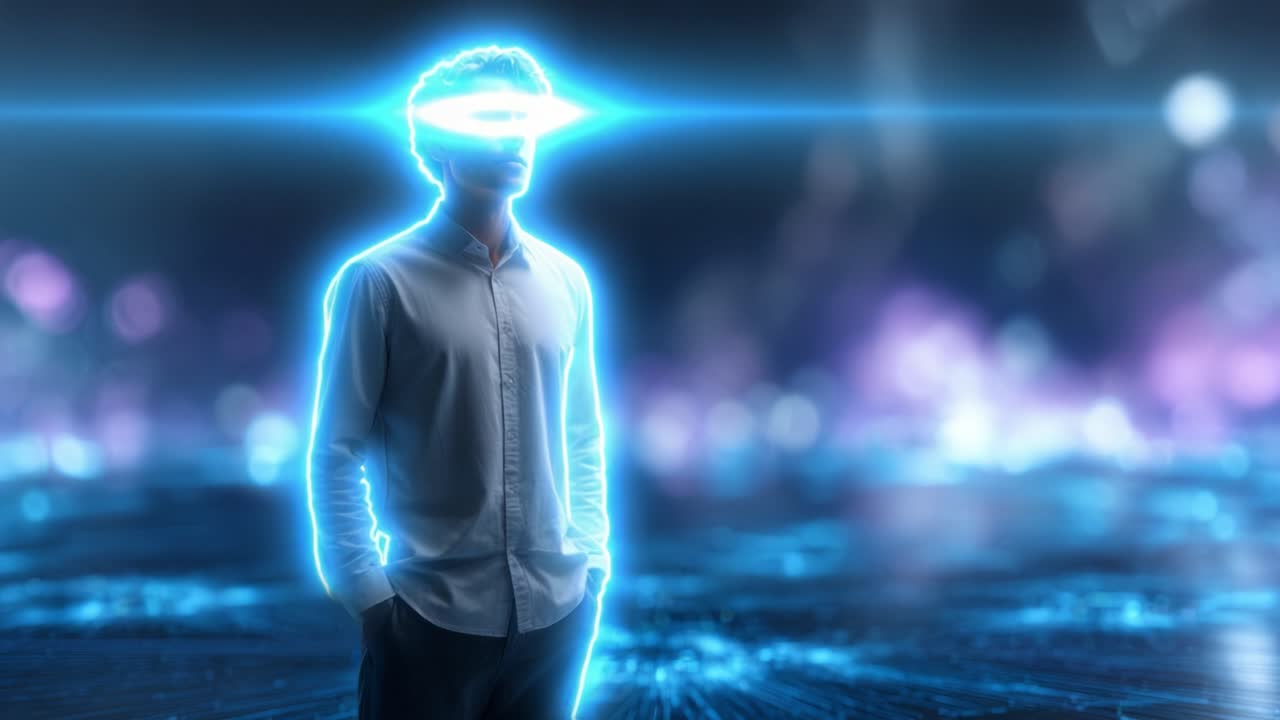 A futuristic figure stands in a digital realm, wearing advanced virtual goggles that illuminate with stunning blue light, representing a leap into virtual reality and technology
