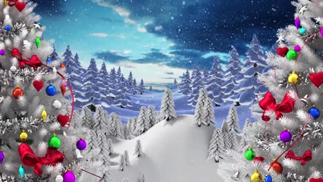 Animation-of-christmas-trees-over-snow-falling-in-winter-scenery