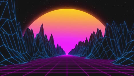 paisaje retro futurista con cuadrícula de neón