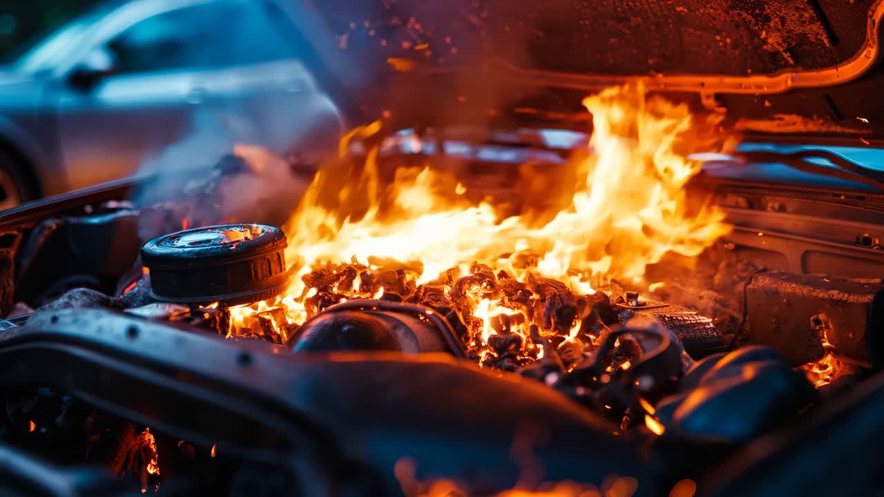 후드가 열리고 엔진이 불타고 있는 차