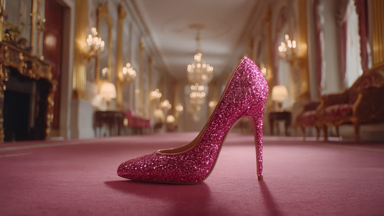 A Stunning Glittery Pink High Heel Shoe Captured in an Opulent and Elegant Setting, Showcasing its Glamorous Design and Captivating Sparkle in a Luxurious Environment