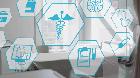 animation of medical icons over empty hospital room