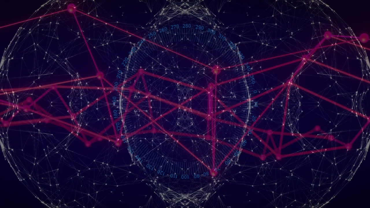 Animation of digital network sphere with red lines and binary code overlay