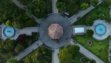Top down drone shot above the Juárez Park, sunset in Huamantla, Tlaxcala, Mexico