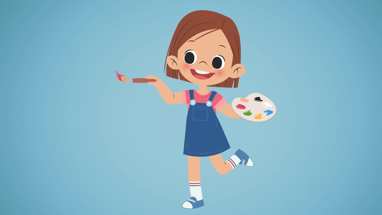 animación de una estudiante pintando en movimiento sobre un fondo azul