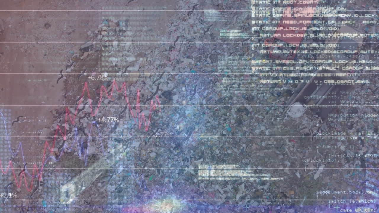 Animation of financial data processing over a garbage dump