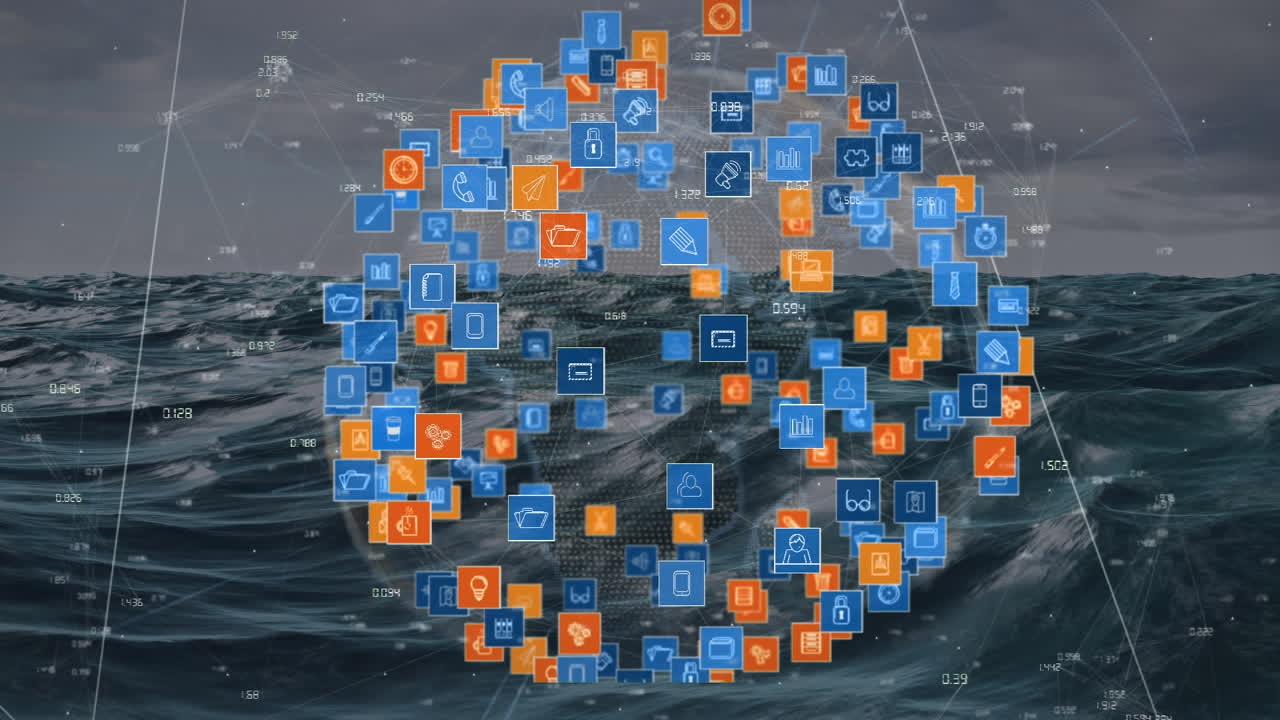 animación de la red de conexiones con iconos sobre el mar