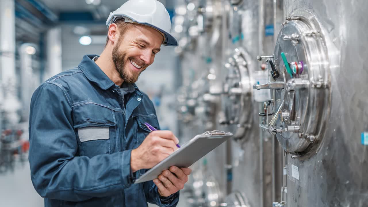 A dedicated technician in industrial attire reviews safety procedures while inspecting machinery, ensuring compliance and operational efficiency in a modern facility