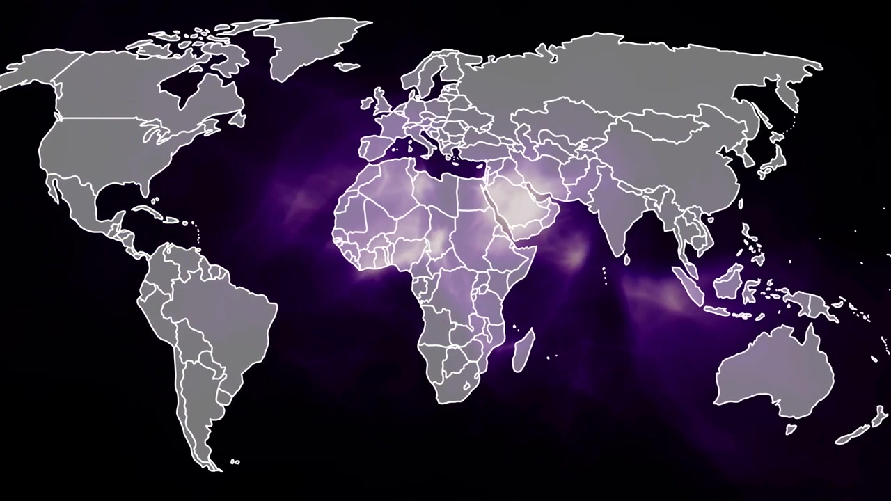 On play, digital world map animating white borders and purple nebula, highlighting regions for tech
